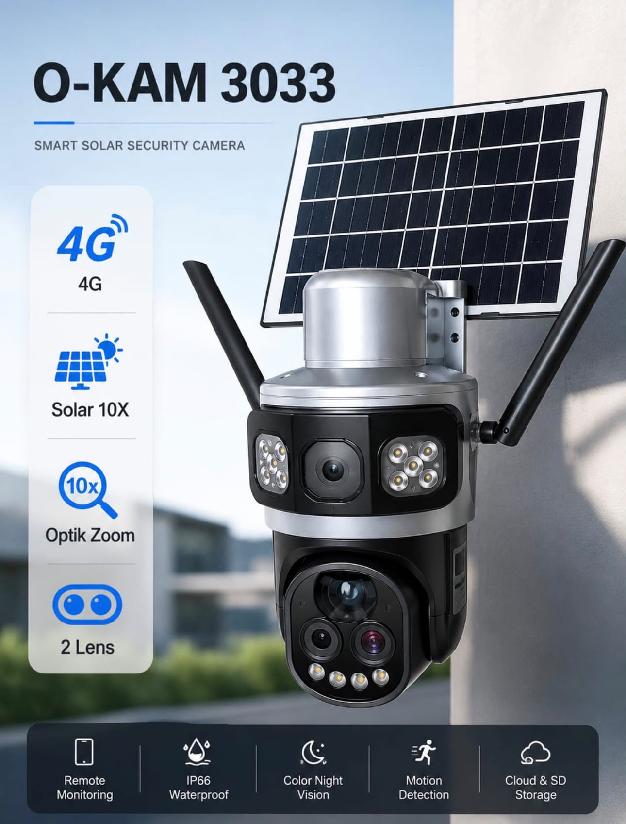 O-Kam 3033 Güneş Enerjili Akıllı Güvenlik Kamerası (10X Optik Zoom, Çift Lens)